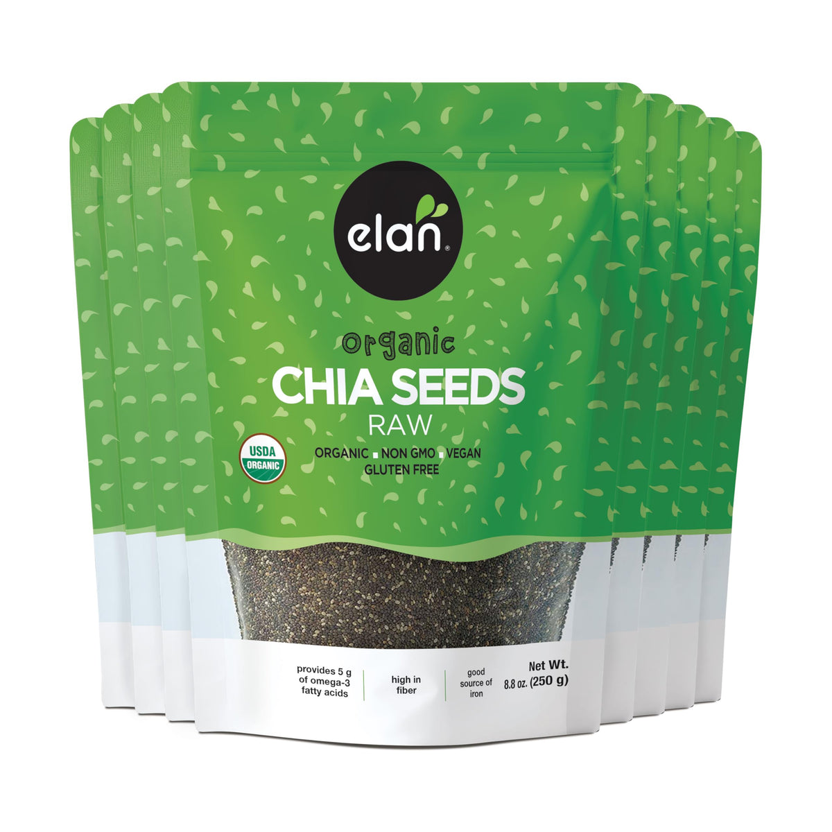 Elan front packaging showing organic chia seeds and certification benefits