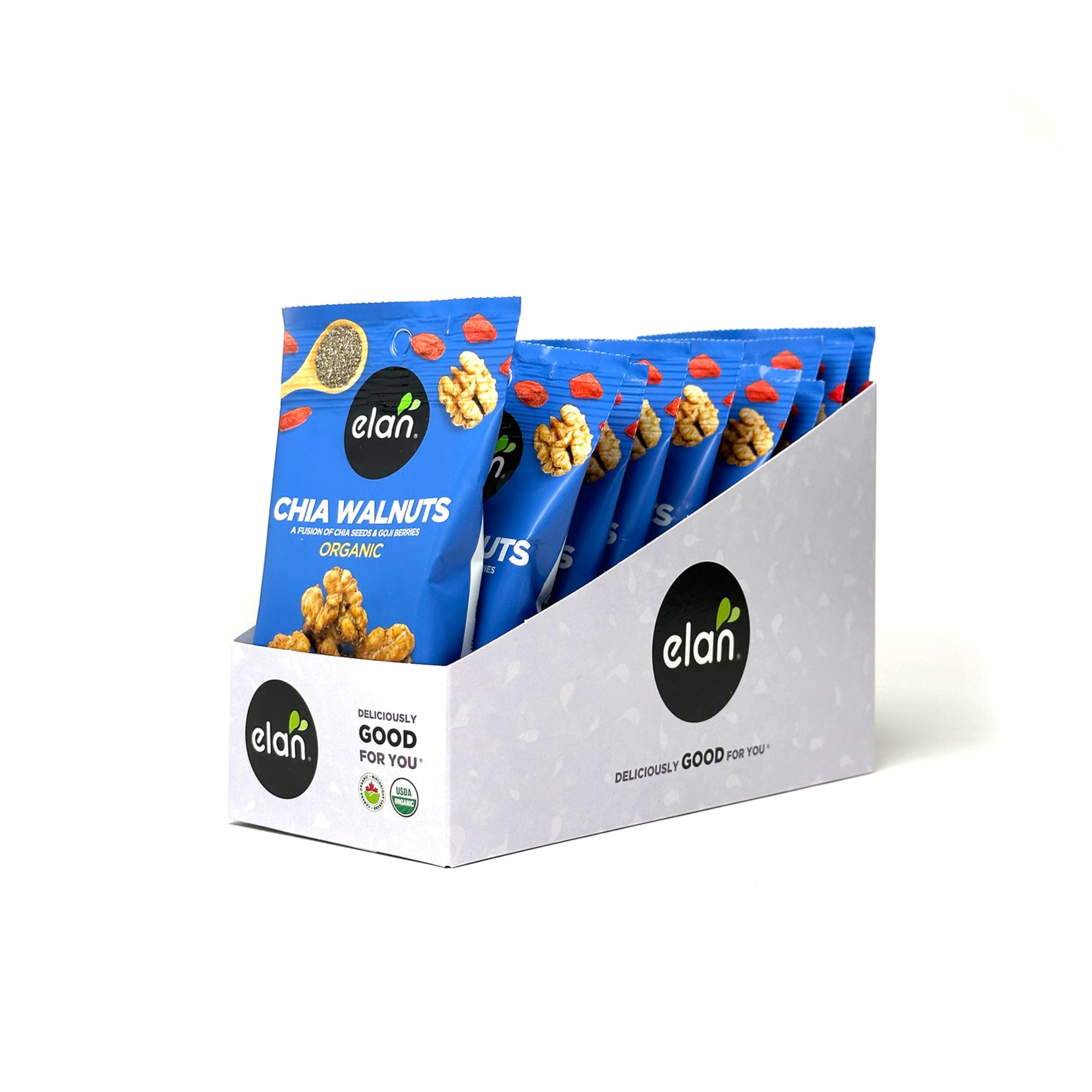 Elan front packaging showing grab and go pack and organic label, convenient portable snack