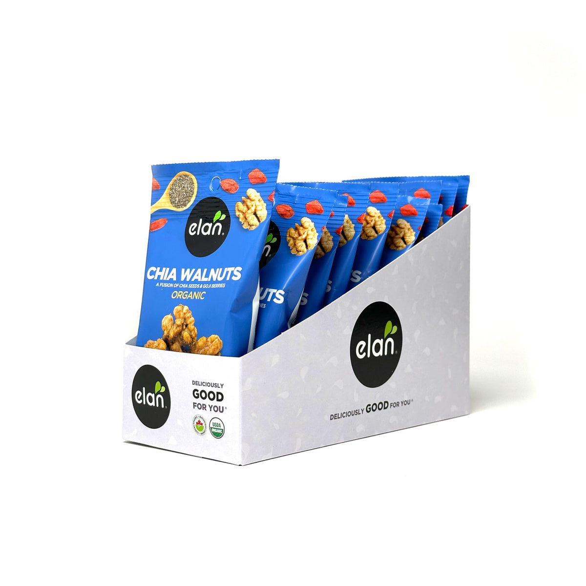 Elan front packaging showing grab and go pack and organic label, convenient portable snack