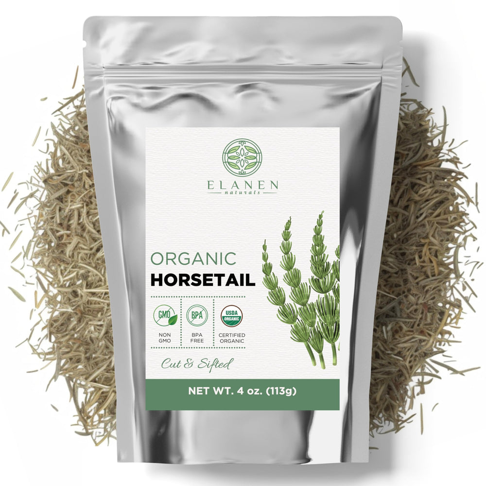Elanen Naturals front pouch showing organic horsetail and resealable packaging benefit