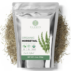 Elanen Naturals front pouch showing organic horsetail and resealable packaging benefit