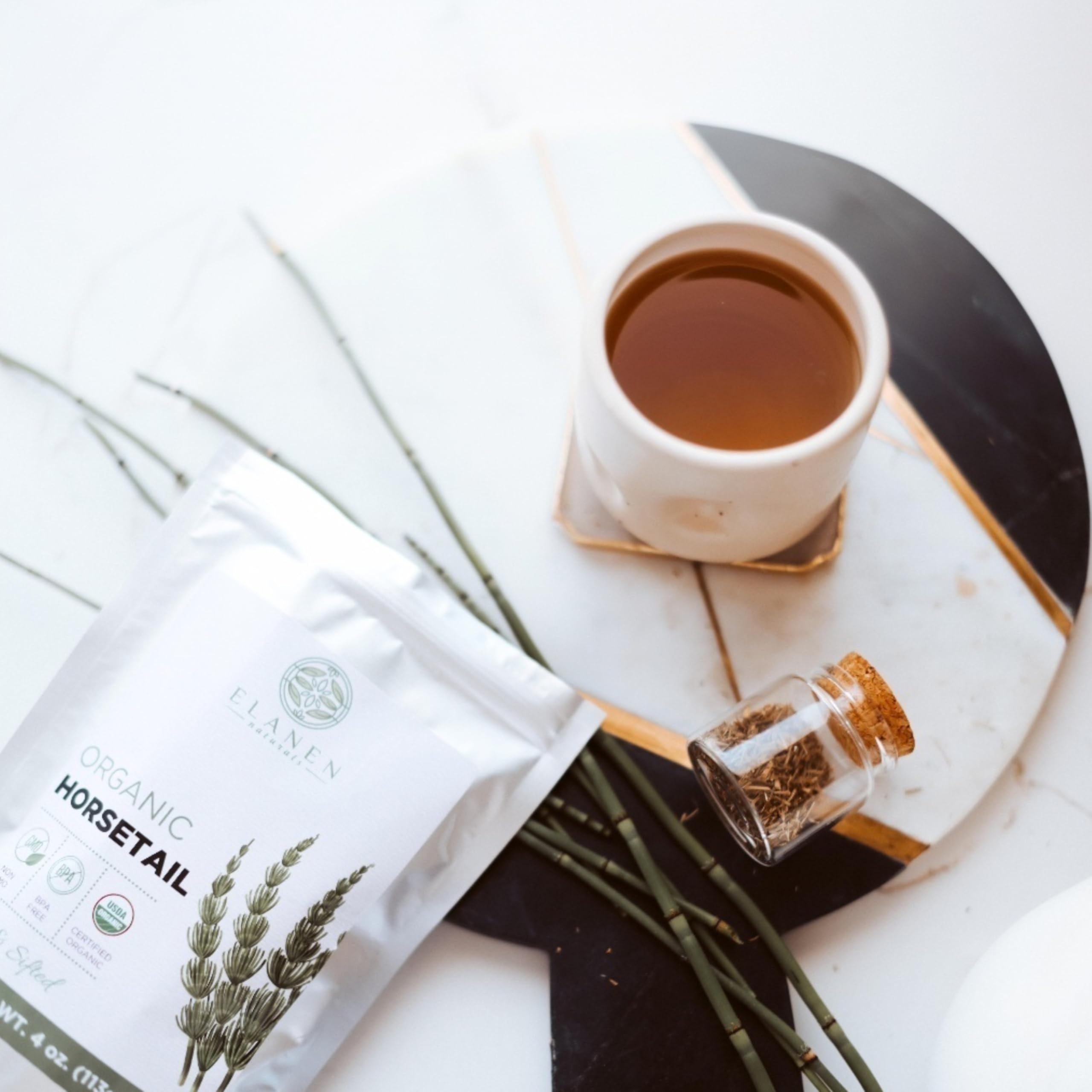 Measuring horsetail herb on a kitchen scale with Elanen Naturals for accurate dosing benefit