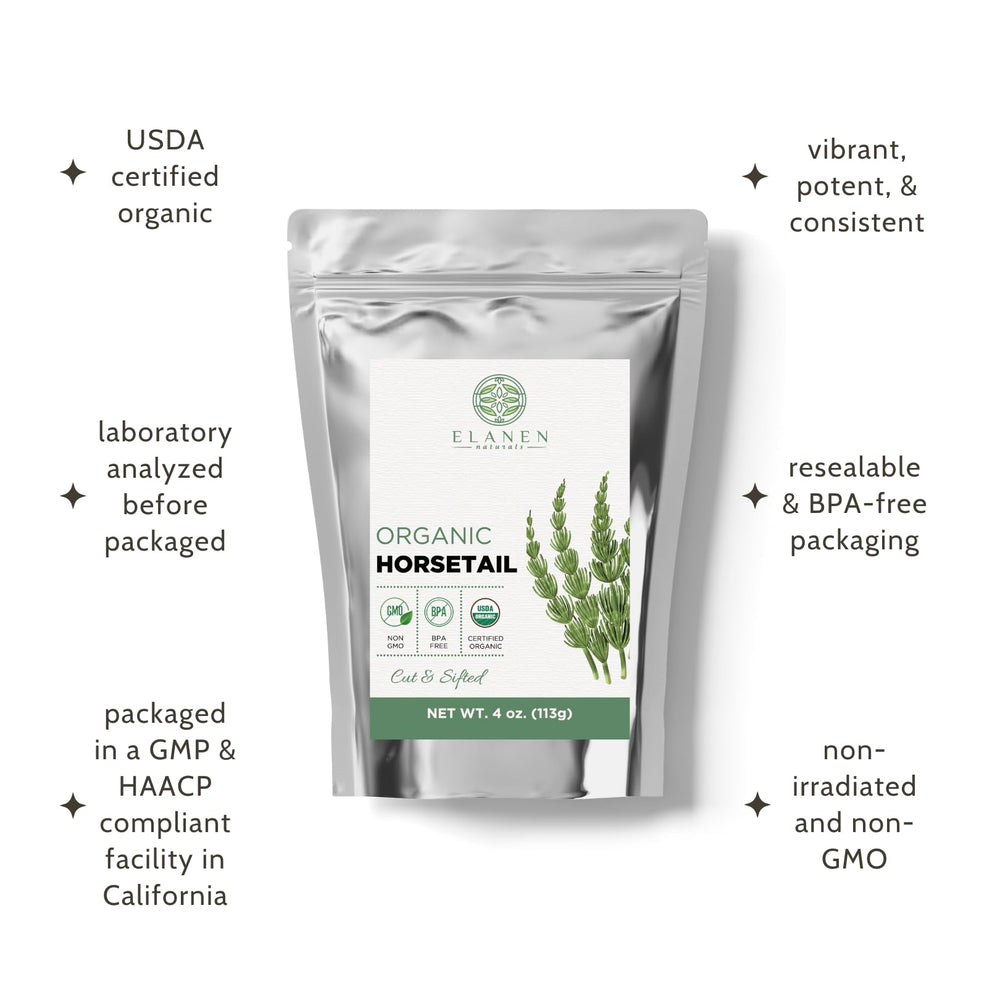 Brewed horsetail tea in a cup from Elanen Naturals demonstrating smooth earthy infusion