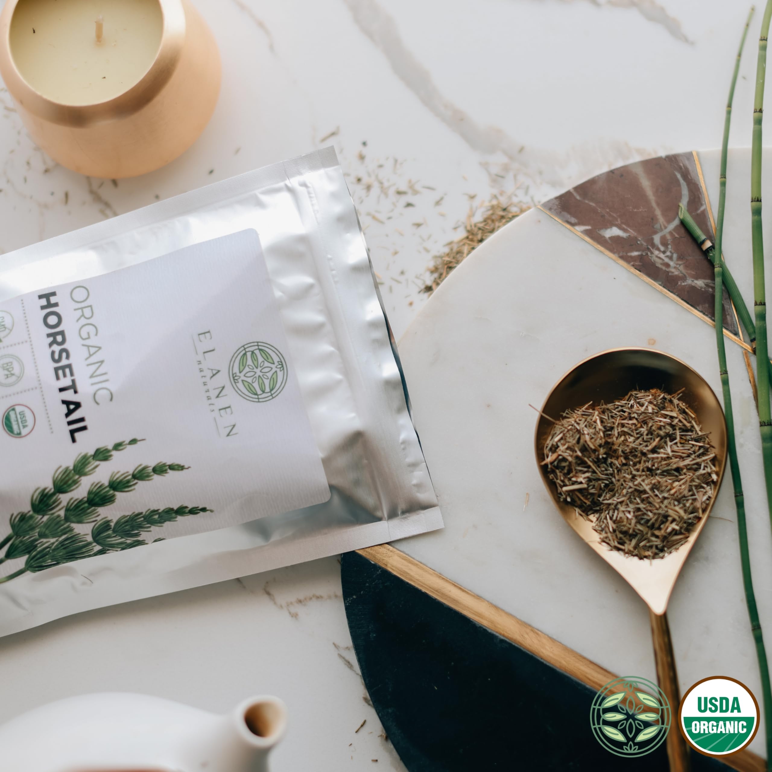 Fine tea strainer with Elanen Naturals horsetail leaves showing easy preparation benefit