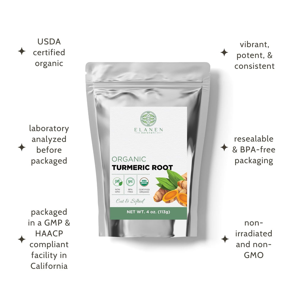 Elanen Naturals brewing turmeric tea in glass, highlights easy steeping