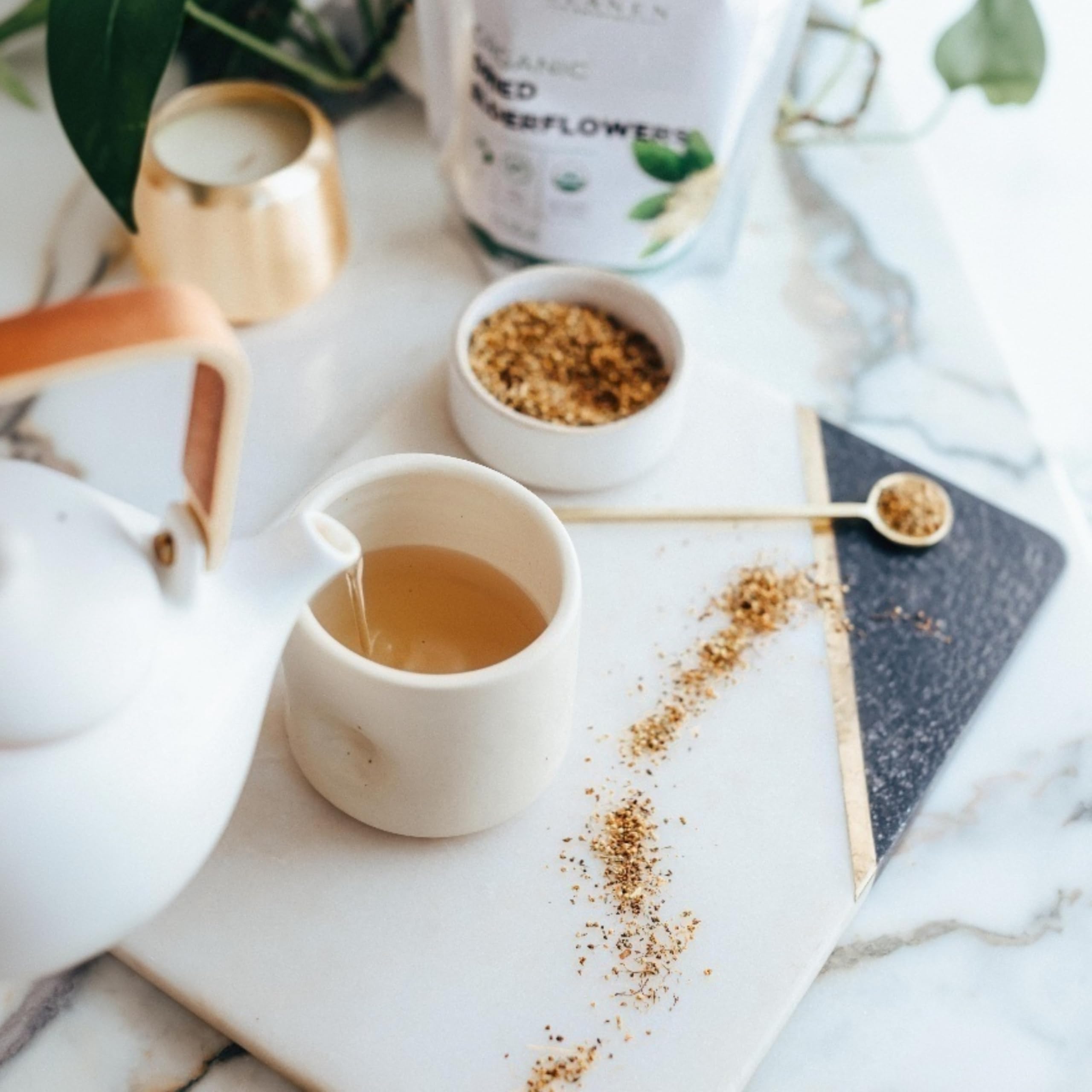 DIY hair rinse setup using Elanen Naturals elderflowers for gentle care