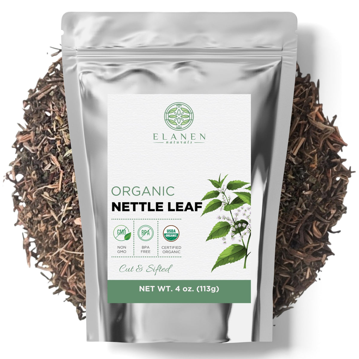 Elanen Naturals front packaging showing organic nettle and product details