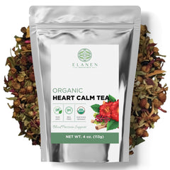 Elanen Naturals front packaging showing organic heart calm tea benefits