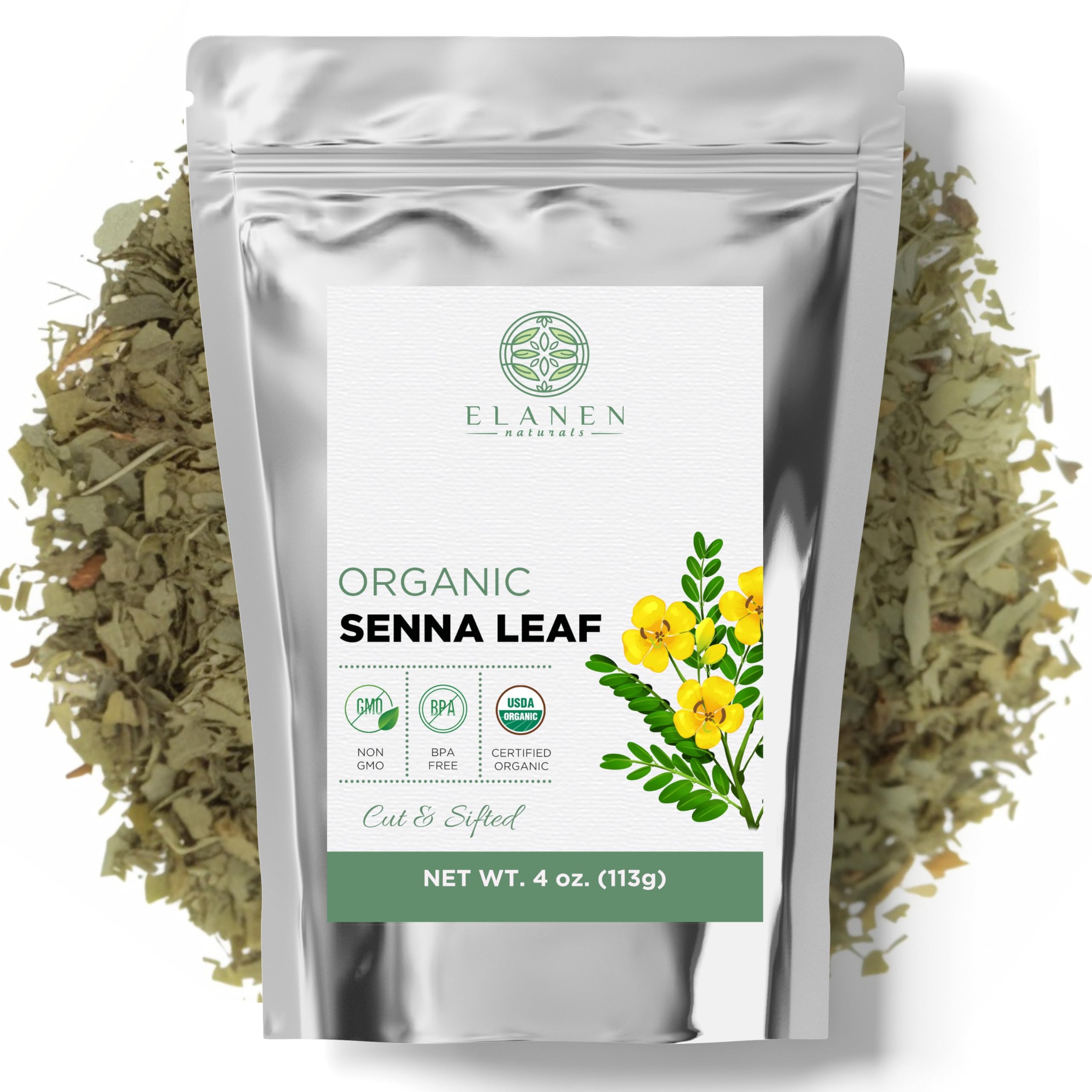 Elanen Naturals front packaging showing organic senna leaf and benefits