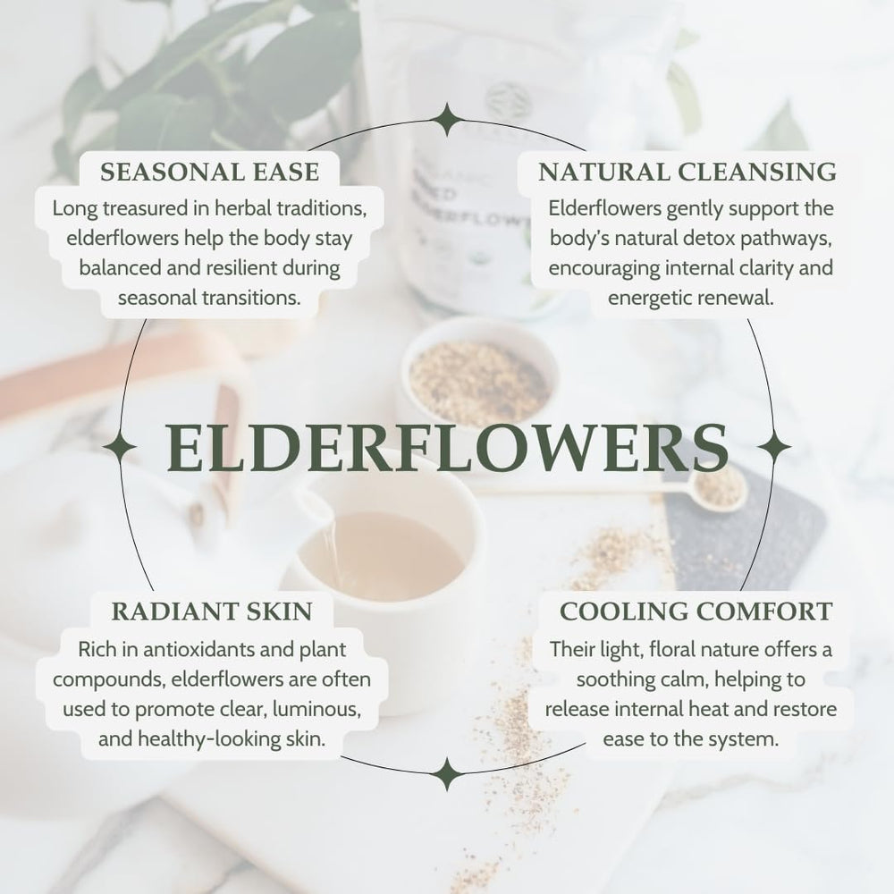Brewed elderflower tea in cup with Elanen Naturals for soothing refreshment