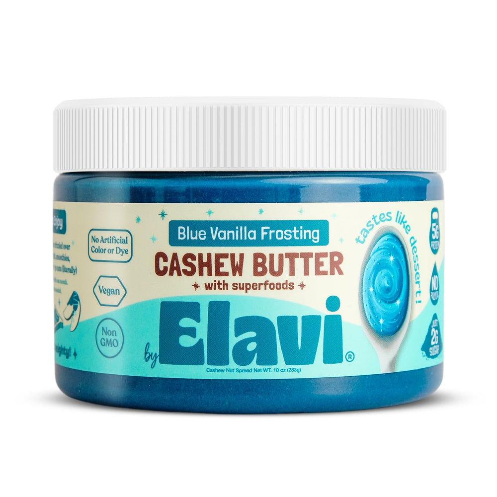 ELAVI jar front label showing blue vanilla cashew butter and clean ingredients