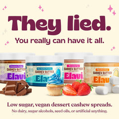 ELAVI spoon scooping blue vanilla cashew butter showcasing creamy texture