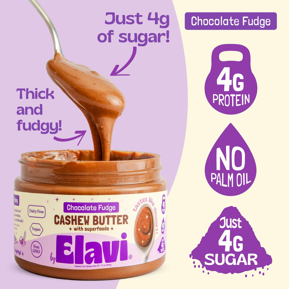 Spoonful of Elavi cashew butter showcasing fudgy scoopable indulgence