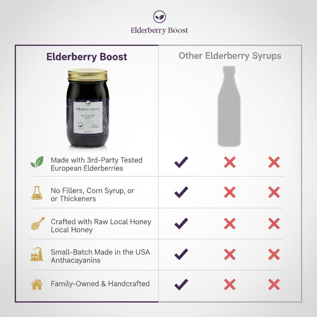 Bottle beside organic elderberries and raw honey showing natural ingredient transparency