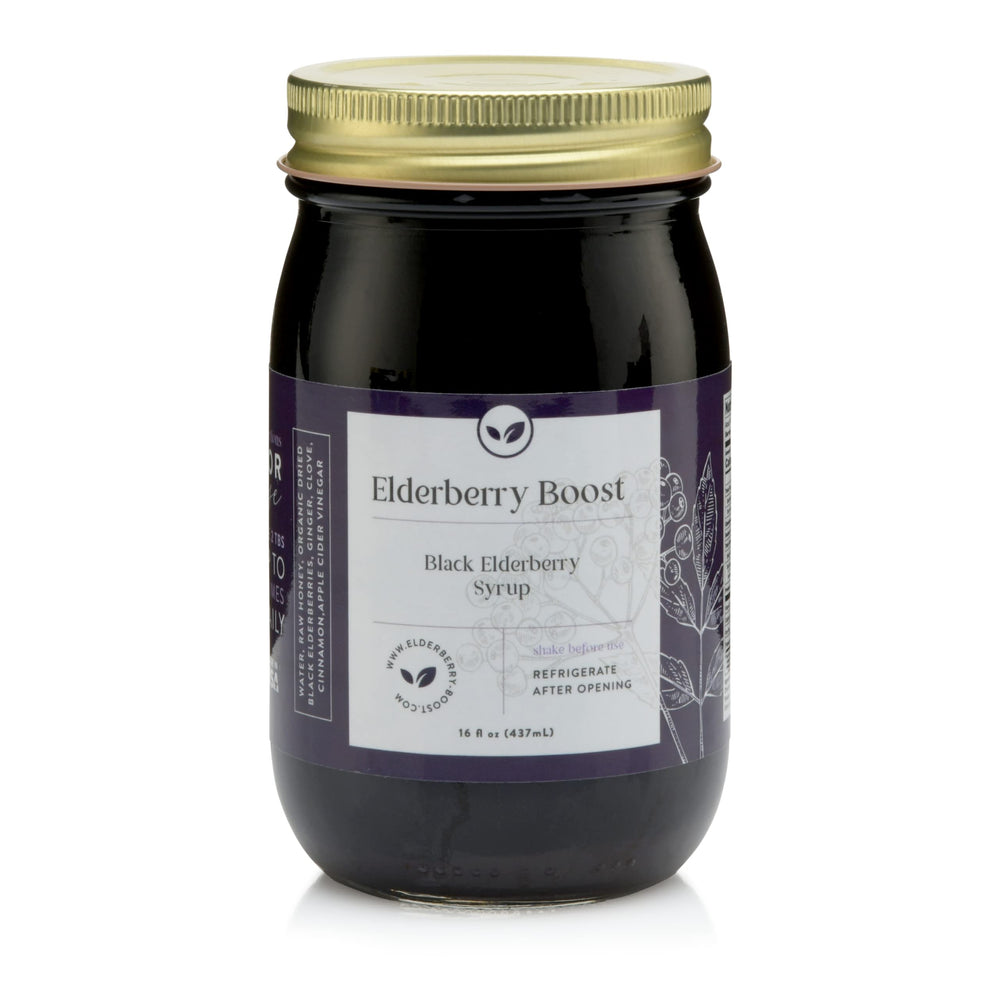 Elderberry Boost front label showing organic ingredients and clean branding benefit clarity