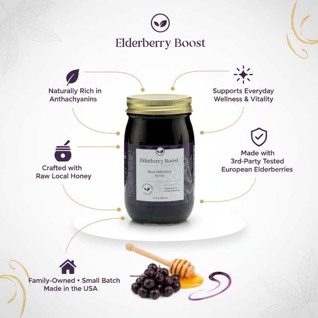 Elderberry Boost pouring into a spoon for easy dosing and family-friendly use