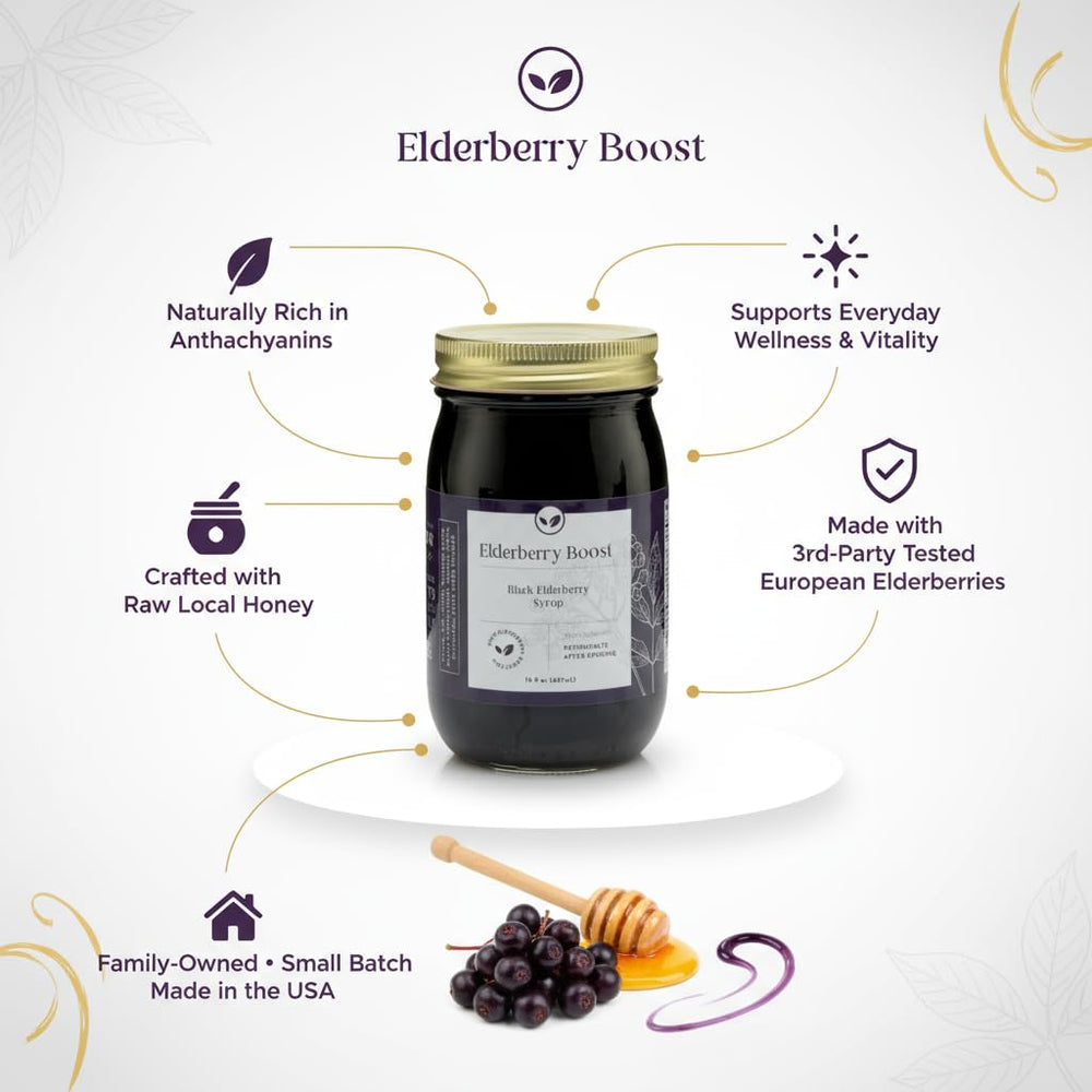 Elderberry Boost pouring into a spoon for easy dosing and family-friendly use