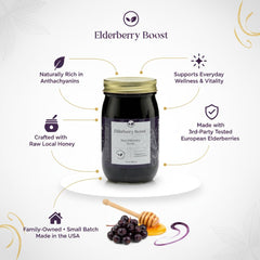 Elderberry Boost pouring into a spoon for easy dosing and family-friendly use