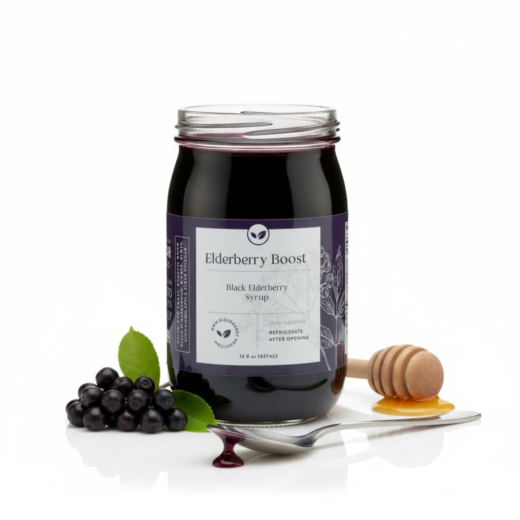 Elderberry Boost bottle in refrigerator emphasizing freshness and storage benefit