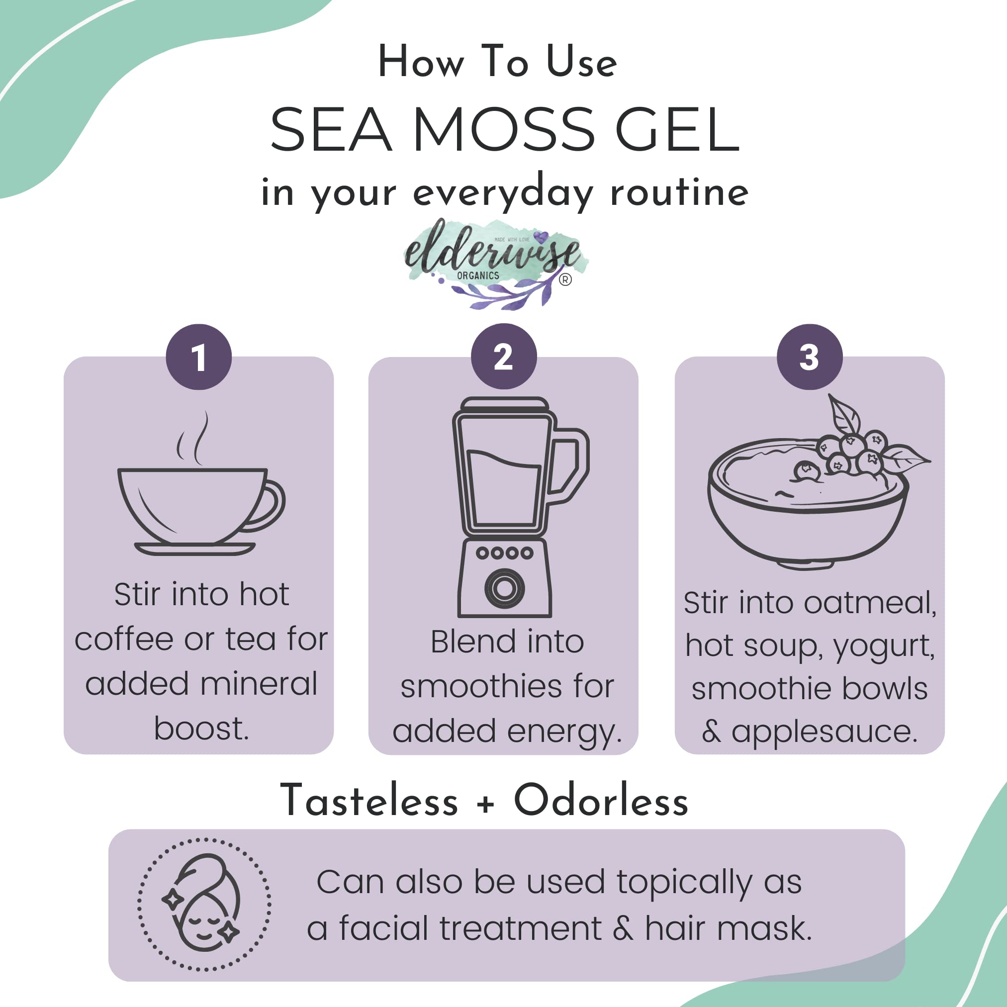 Elderwise Organics smooth purple sea moss gel in glass jar demonstrating creamy consistency