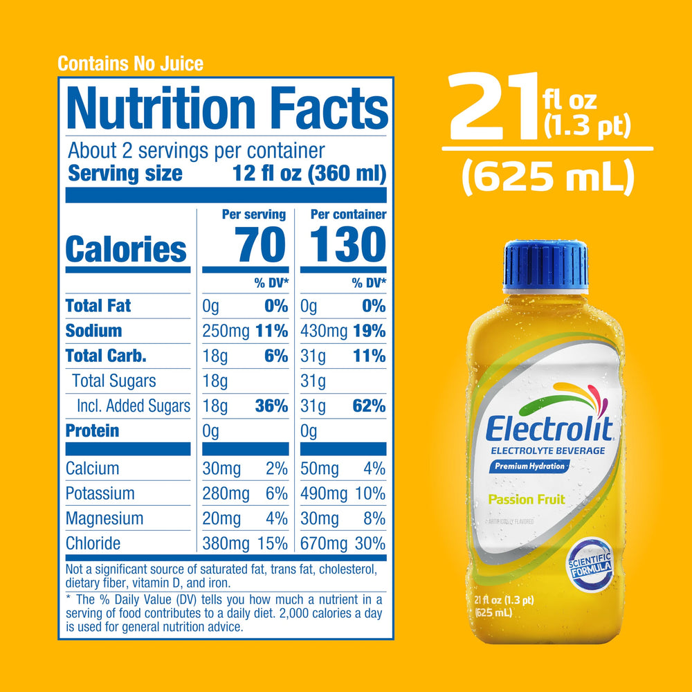 Electrolit bottle held in hand to show 21 fl oz scale and easy portability benefit