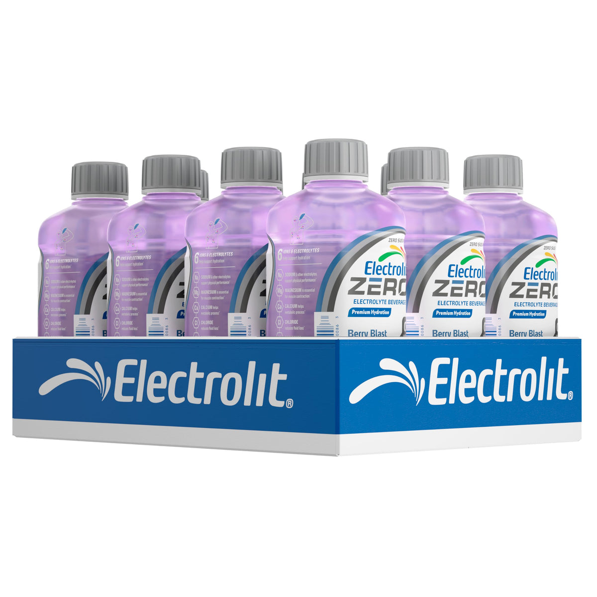 Electrolit bottle front packaging showing Berry Blast and zero sugar benefit