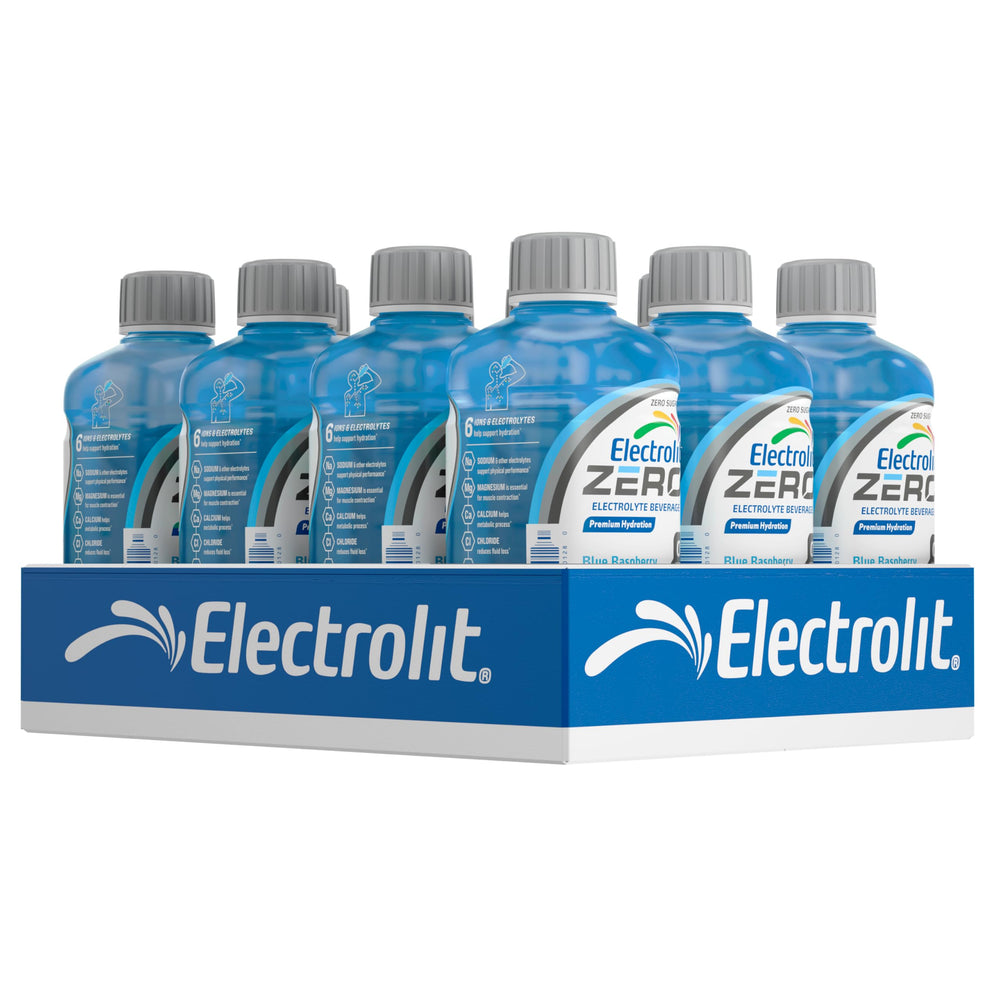 Electrolit blue raspberry front packaging shows bottle and 12-pack convenience