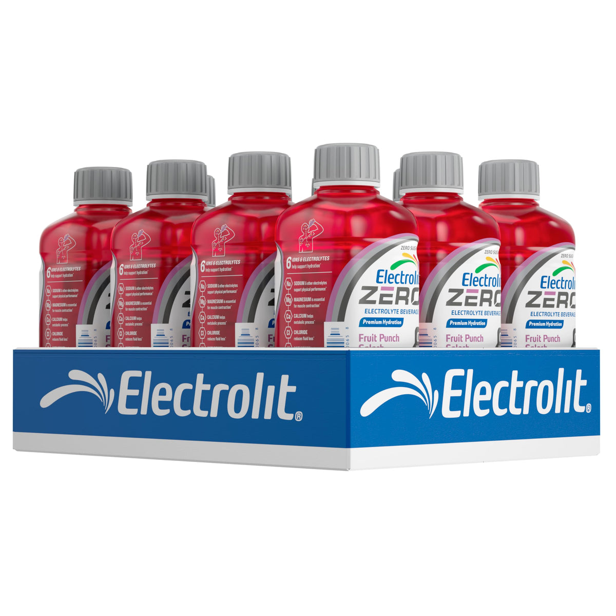 Electrolit bottle front view showing Fruit Punch Splash label and hydration benefit