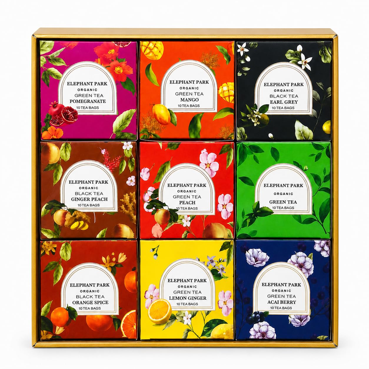 Elephant Park front-facing gift box showing nine organic flavors and elegant packaging for gifting