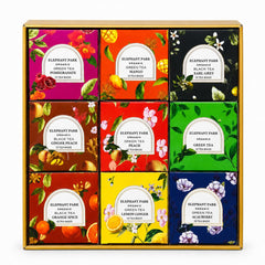 Elephant Park front-facing gift box showing nine organic flavors and elegant packaging for gifting