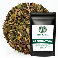 Elephantal Wellness front pouch showing brand and respiratory tea benefits for clear-breathing support