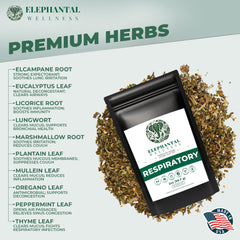 Elephantal Wellness loose leaf close-up revealing mullein, thyme, and lungwort texture for potency