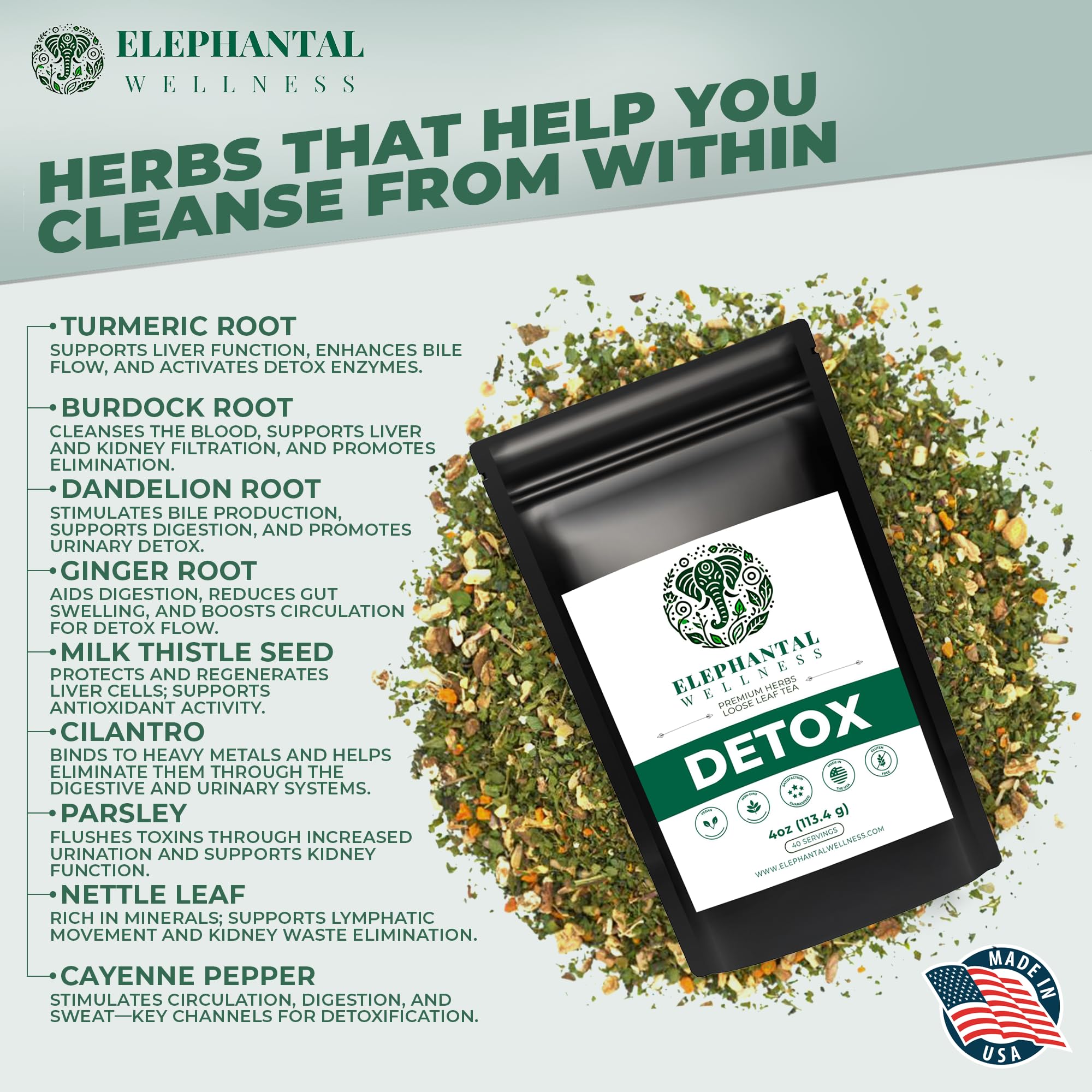 Elephantal Wellness loose leaf close-up showing herb texture and freshness