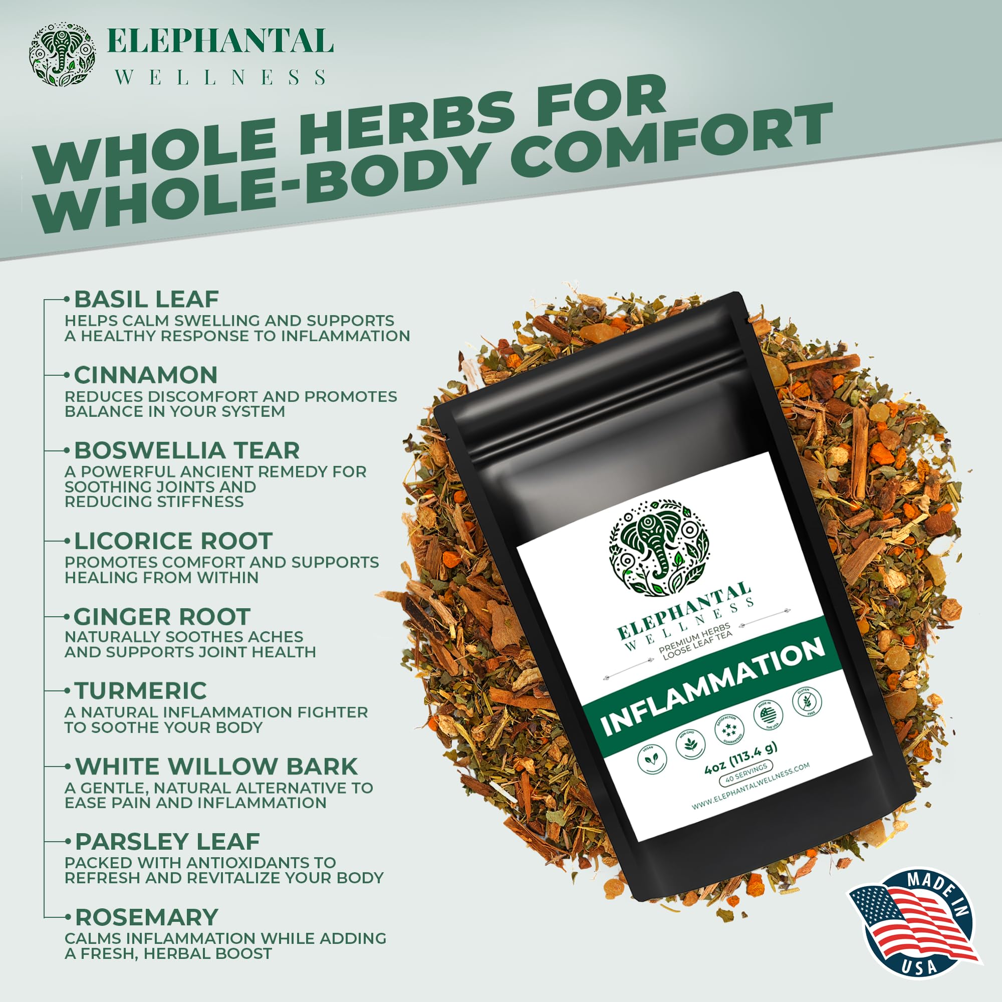 Elephantal Wellness loose-leaf close-up revealing texture and potency benefit