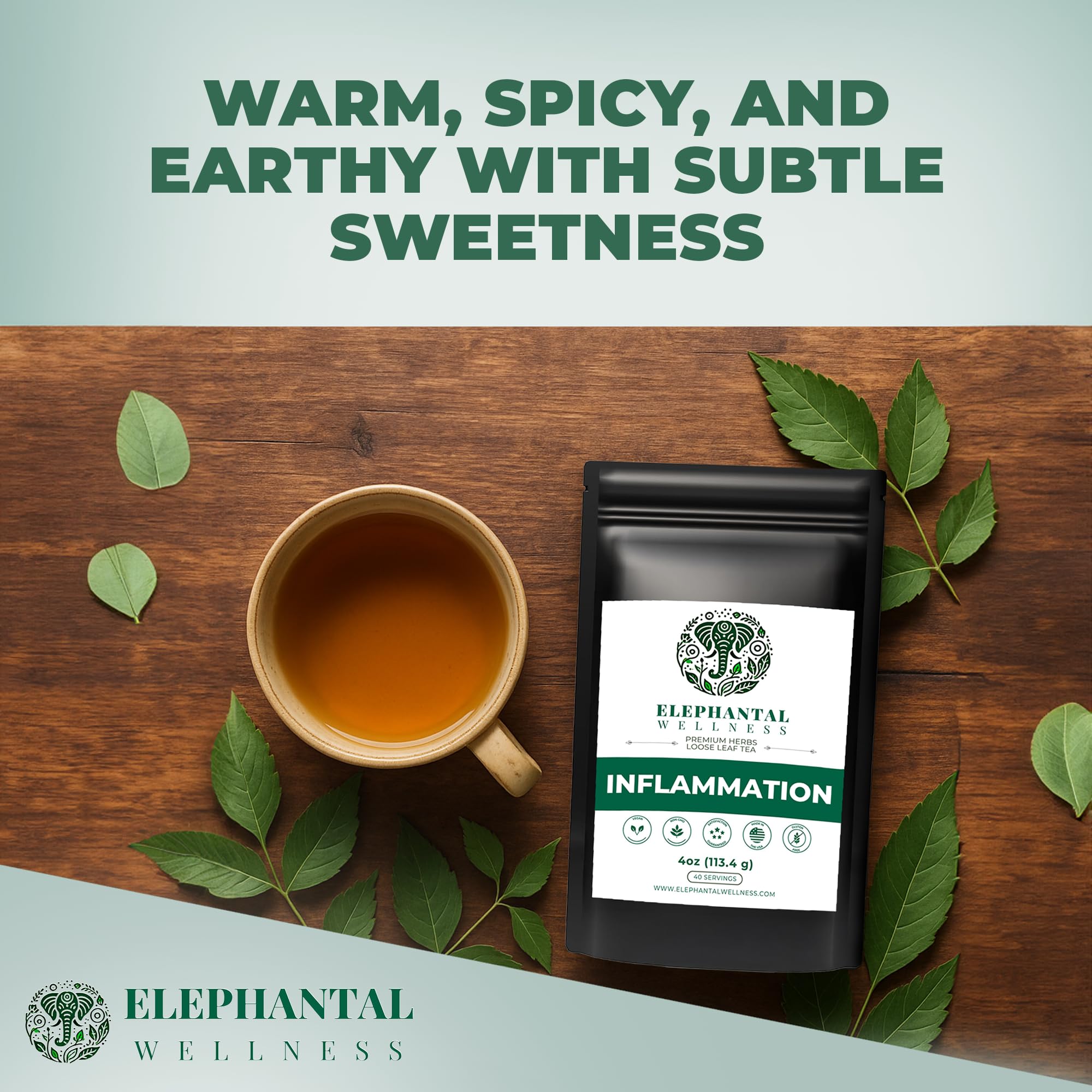 Elephantal Wellness steeping cup releasing aroma for calming ritual benefit