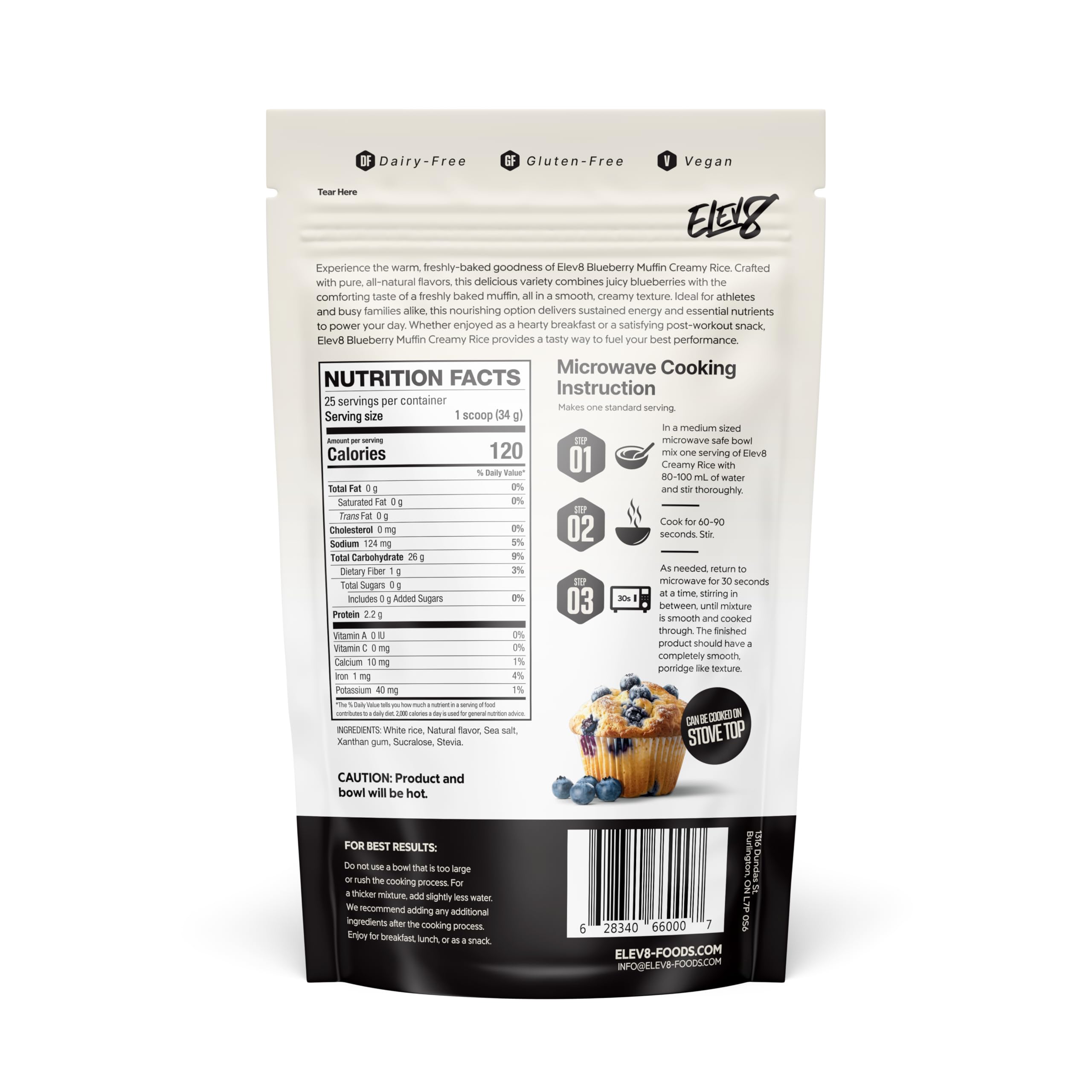 Elev8 Foods powder close-up texture showing fine cream of rice for smooth mix