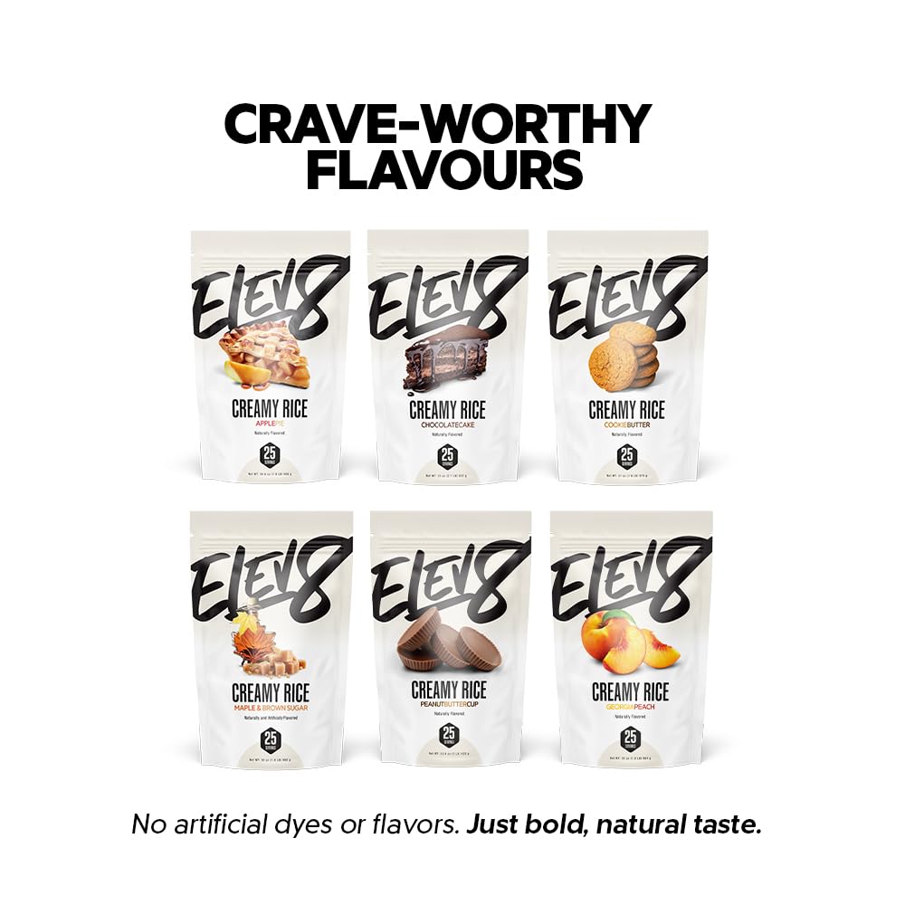 Lifestyle breakfast scene featuring Elev8 Creamy Rice for fast morning fuel and customizable toppings