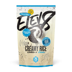 Elev8 Creamy Rice front packaging showing cookies n cream flavor and serving count benefit