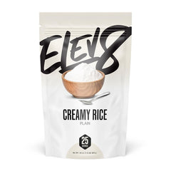 Elev8 Creamy Rice front packaging showing label and serving claim for quick identification and convenience
