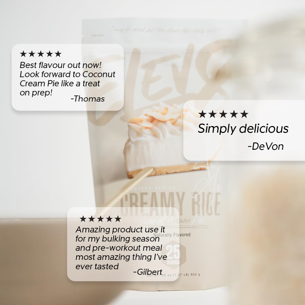 Elev8 Creamy Rice label close-up showing nutrition and ingredient clarity
