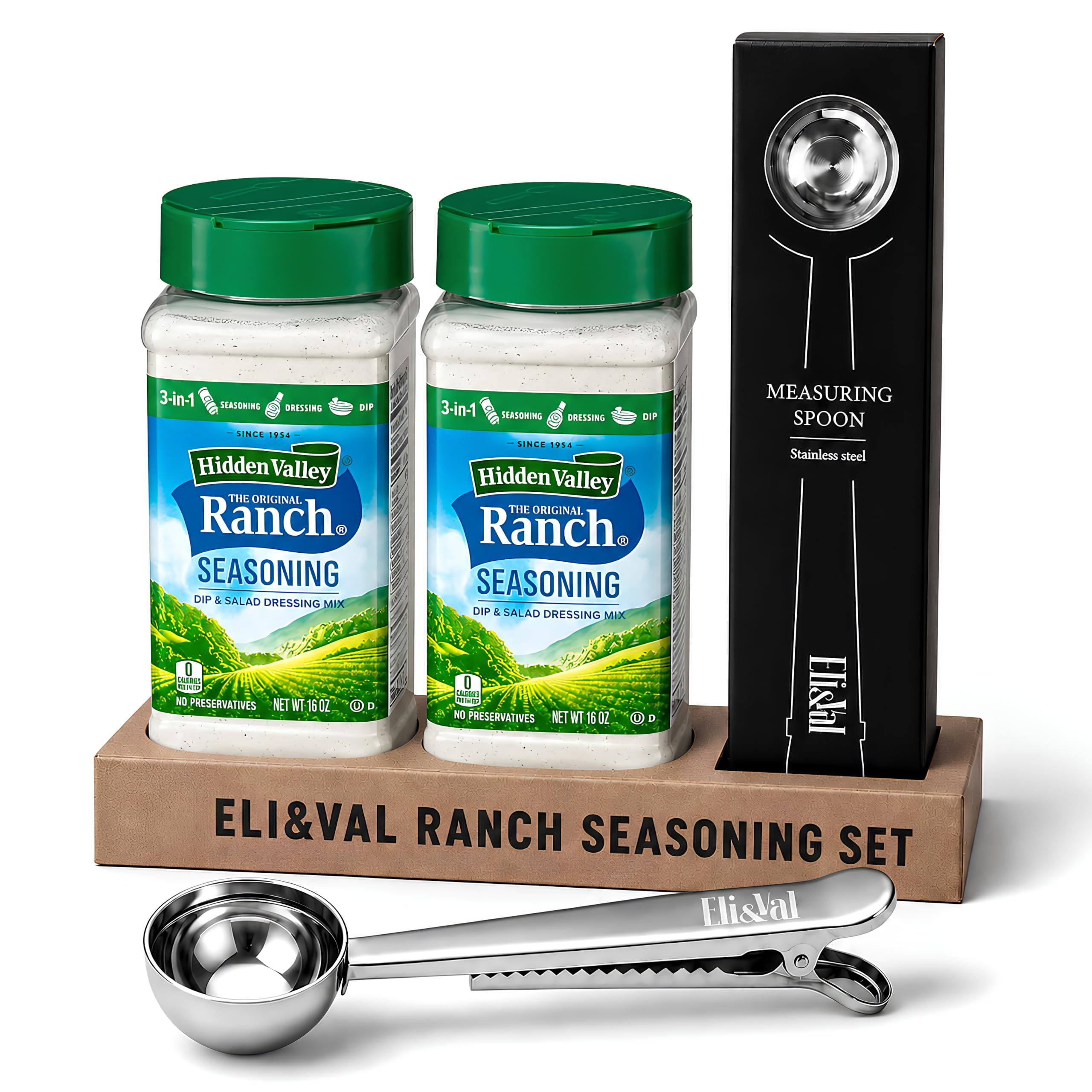 ELI&VAL front packaging showing two 16 oz Hidden Valley containers, ideal for stock-up