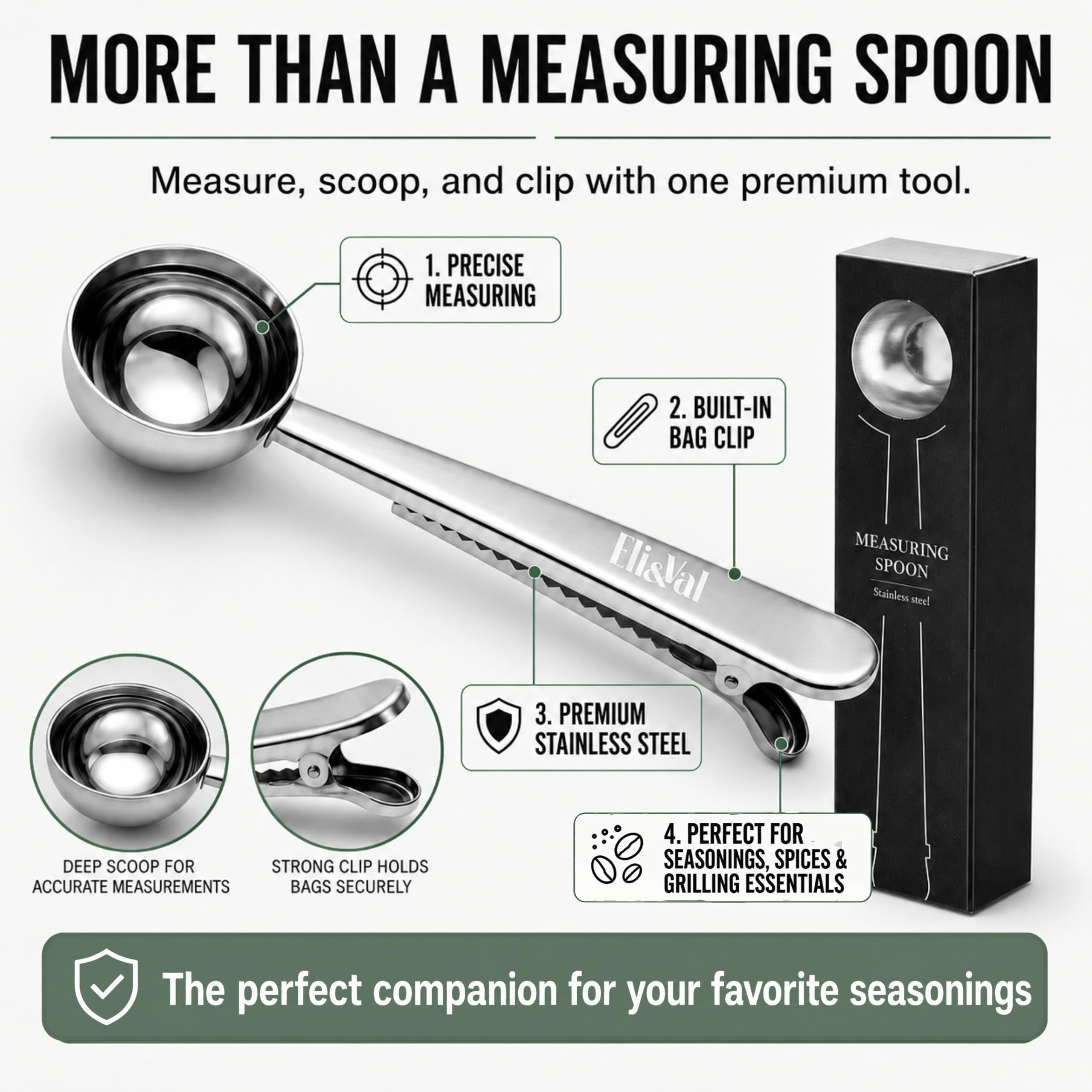 ELI&VAL close-up of stainless steel measuring scoop clip, ensures accurate portions