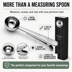 ELI&VAL close-up of stainless steel measuring scoop clip, ensures accurate portions