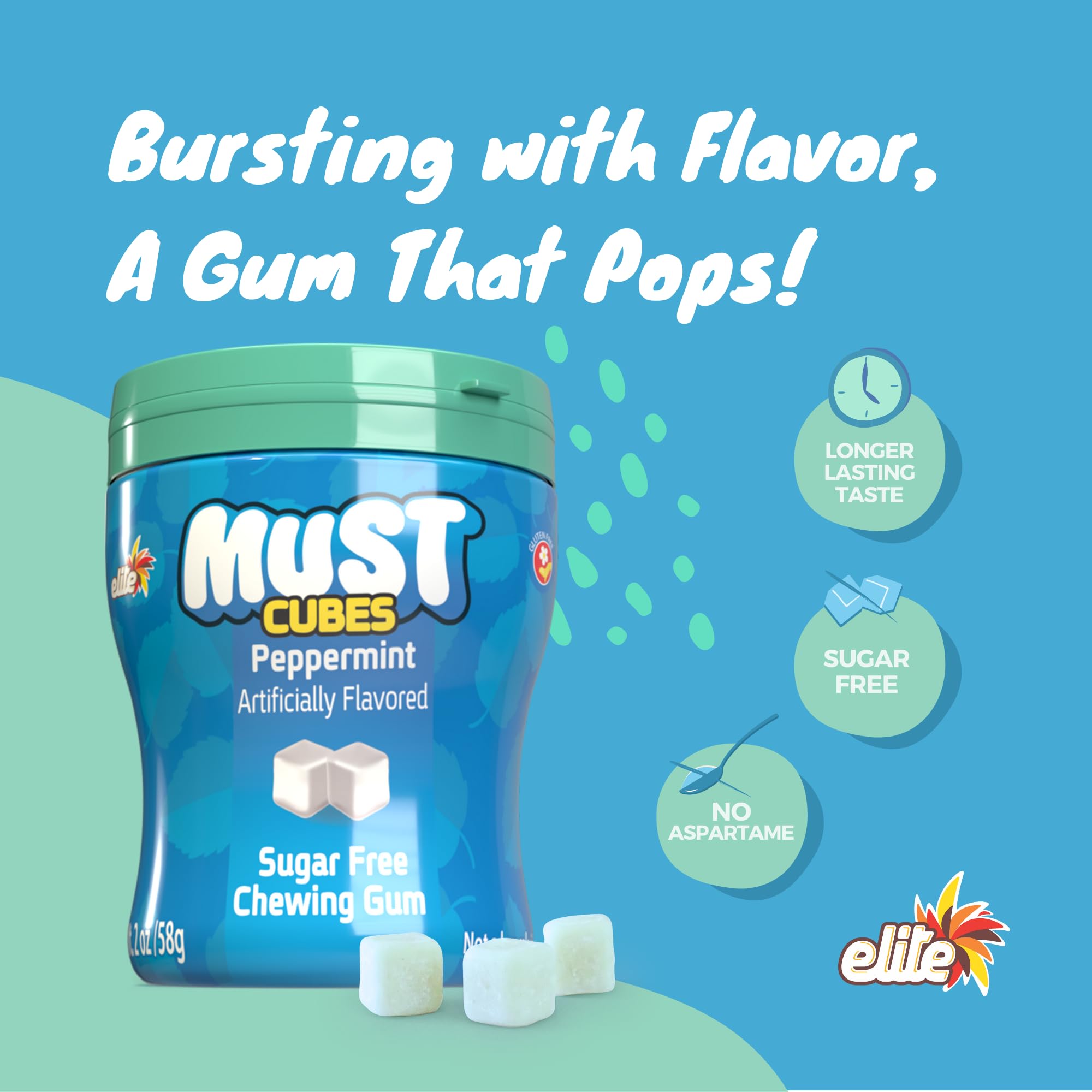 ELITE close-up of peppermint gum cube texture, highlights long-lasting chew