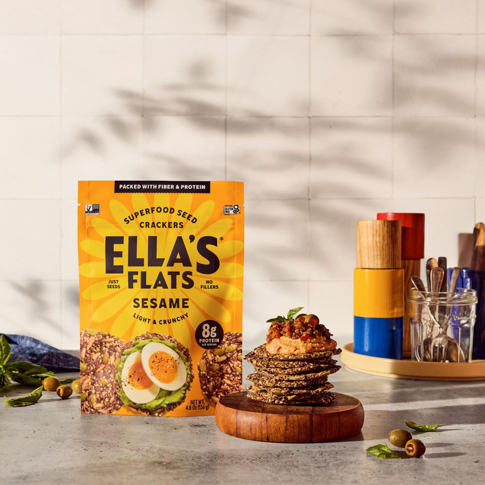 ELLA'S FLATS close-up seed texture highlighting crunchy, high-protein benefit