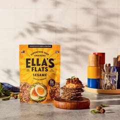 ELLA'S FLATS close-up seed texture highlighting crunchy, high-protein benefit