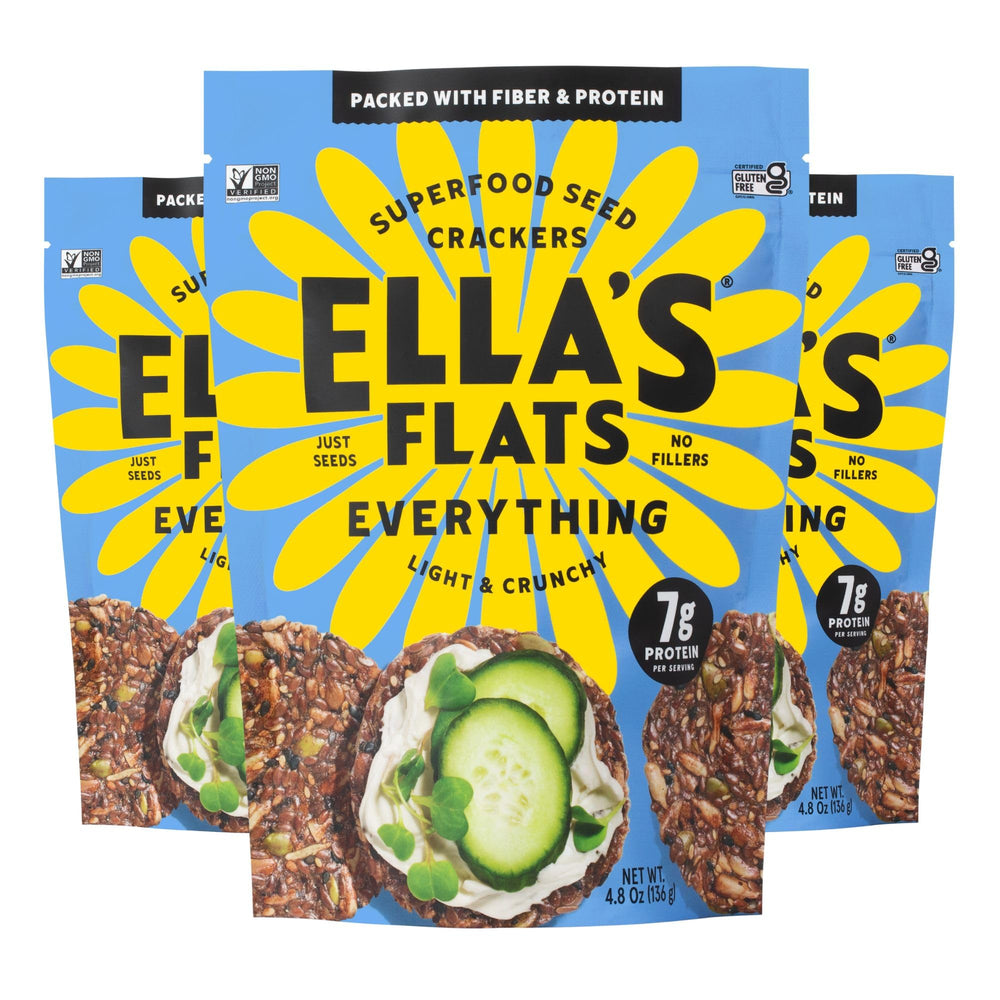 ELLA'S FLATS front packaging showing everything seed crisps and convenience