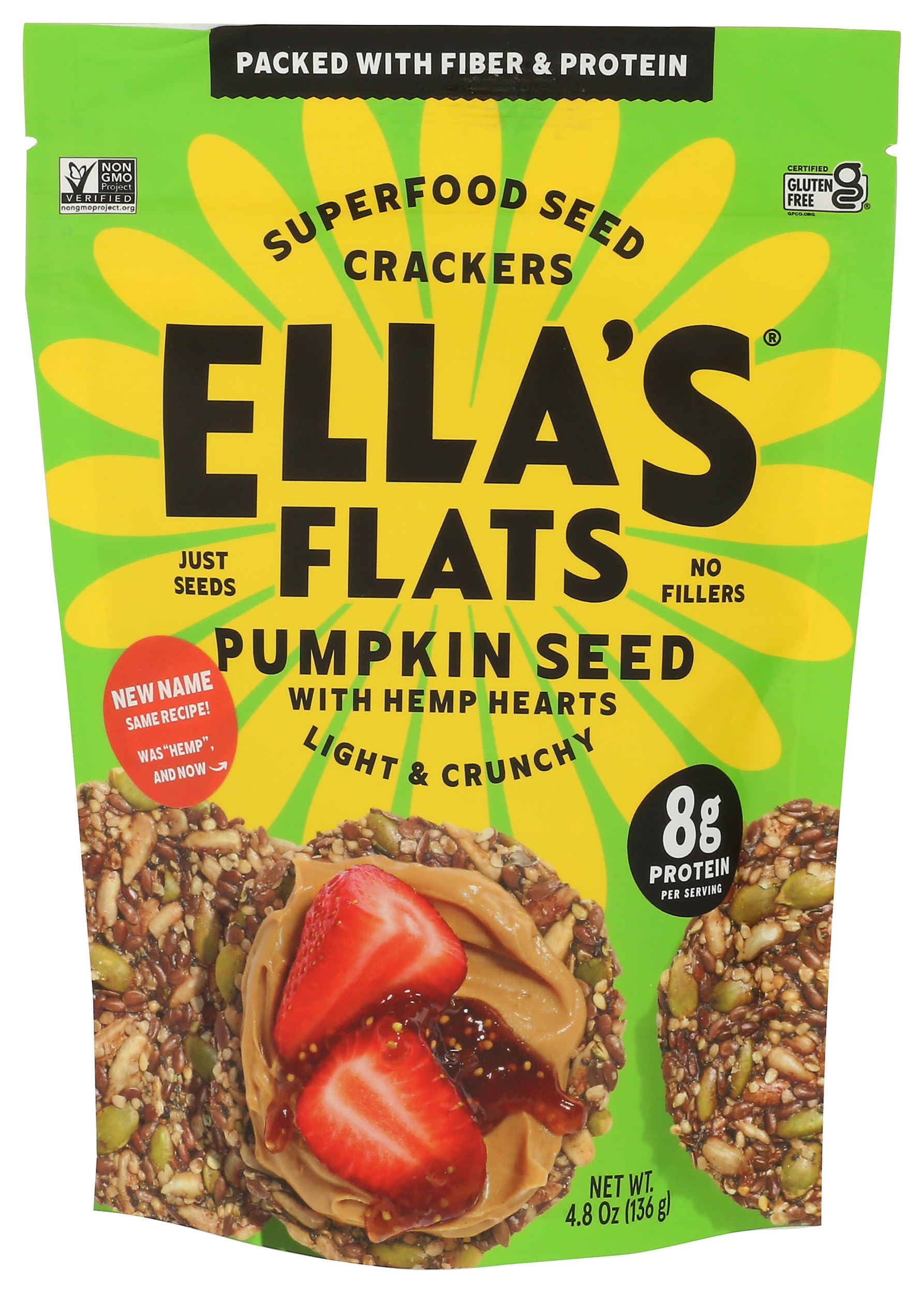 Ella's Flats front packaging showing hemp crisp benefits and gluten-free badge