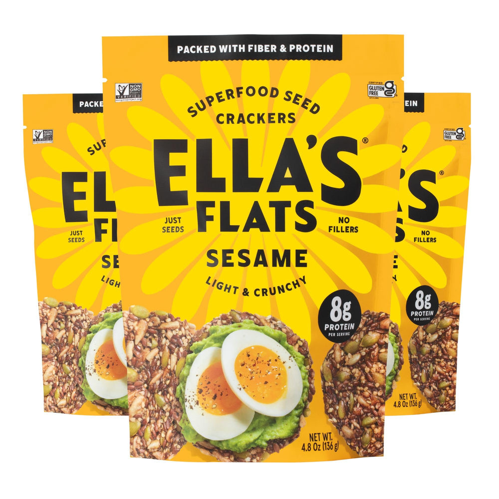 ELLA'S FLATS front packaging showing sesame seed crisps and branding benefit