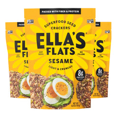 ELLA'S FLATS front packaging showing sesame seed crisps and branding benefit